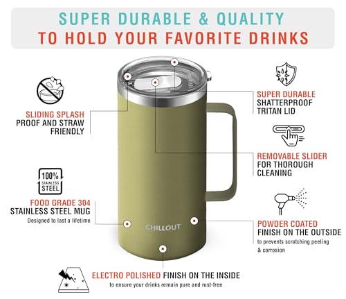 CHILLOUT LIFE Stainless Steel Vacuum Insulated Coffee Mug 20 oz (Set of 2) with Handle and Lid, Large Thermal Camping Coffee Mugs with Sliding Lid for Men & Women, Keeps Your Beverages Hot & Cold - color: Army Green, size: 20 Ounces - 2 Pack