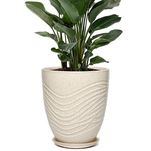 9.5 Inch Modern Ceramic Plant Pot with Saucer, Flower Pot with Drainage Hole Mesh Net,Indoor Outdoor Planter (Silk White) - color: Silk White, size: 9.5 Inch