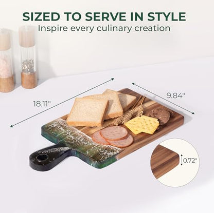 Acacia Wood Serving Board with Handle, 18.1" x 9.8", Dual-Sided Resin Art Tray for Display & Prep, Handcrafted Cutting Board, Includes Stand & Loofah, Christmas Housewarming Gift (Rectangular) - color: Rectangular Cutting Board, size: 18.1" x 9.8" x 0.7"