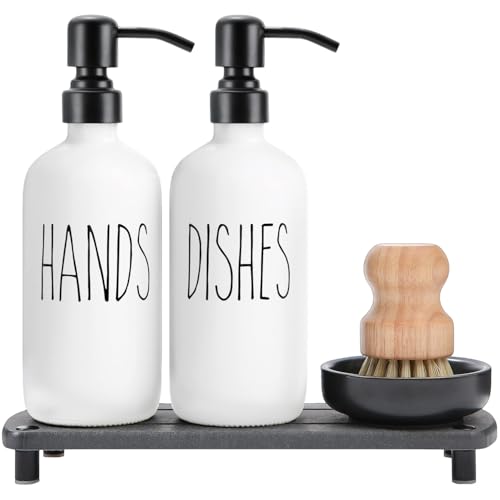 MOMEEMO White Soap Dispenser Set Comes with Stainless Pumps, White & Black | Black Instant Dry Tray and Dish Scrub Brush, Suitable for Kitchen Decor and Accessories - color: White2