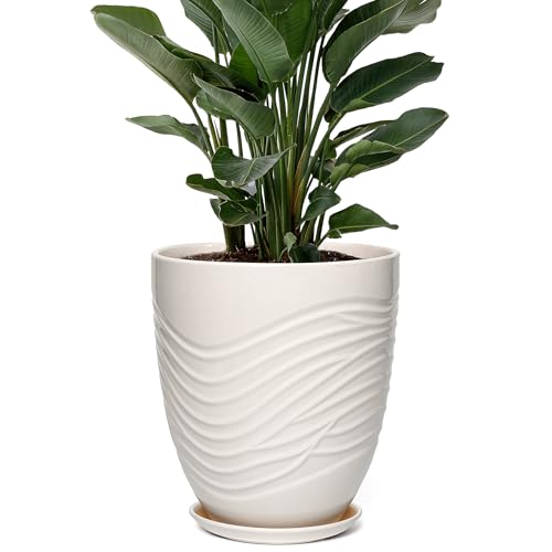 9.5 Inch Modern Ceramic Plant Pot with Saucer, Flower Pot with Drainage Hole Mesh Net,Indoor Outdoor Planter (White) - color: White, size: 9.5 Inch