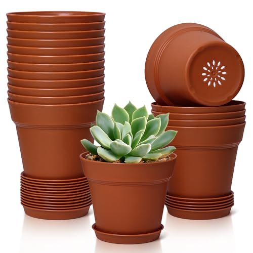 T4U Plant Pots for Indoor Plants 4 Inch, Plastic Flower Pot with Saucer | Small decorative planter, succulent and cactus pot, African violet container, herb garden starter, lightweight material - color: Terracotta, size: 4 In