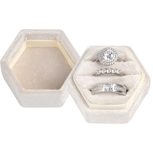 MFXIP Velvet 3 Slots Jewelry Ring Box Engagement Wedding Box Keepsake Box Bridal Photo Ring Triple Slots Hexagon - color: Beige