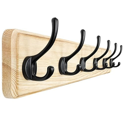 Coat Rack Wall: 24" Long, Patented, Heavy-Duty, 6-Double-Hooks Wooden Wall Mounted Coat Rack Coat Hanger Hook Rail for Winter Coats Hat Jacket Clothing, Light Brown - color: Light Brown & Black, size: L=24"(1pcs)