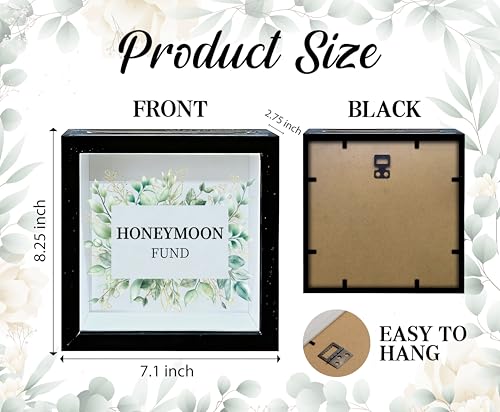 Honeymoon Fund Box, 8×8 Wedding Shadow Box Frame with Slot, Greenery Gold Foil Wedding Money Saving Decoration for Reception Bridal Shower, Travel Fund Memory Keepsake Gift -A18 - size: 8×8 greenery gold foil
