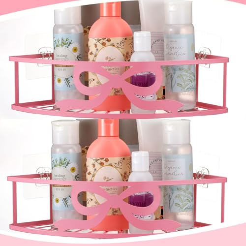 2 Pcs Pink Corner Shower Caddy Pink Bow Shower Shelves Organizer No Drilling Coquette Corner Caddy with 5 Adhesive Hooks Preppy Wall Mounted Decor Shelves for Bathroom Kitchen Bedroom Dorm - style: Bow