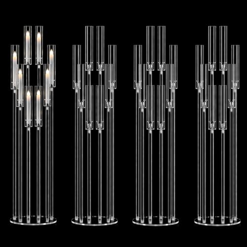 4PCS 8-Arm Acrylic Candelabra Centerpieces for Tables, Sturdy Solid Rods 45.6" Tall Floor Candle Holders Set with Shades for Wedding Birthday Party Anniversary, Clear