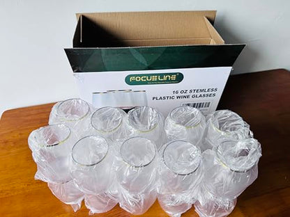 FOCUSLINE 20pcs 16 Oz Plastic Wine Glasses, Stemless Gold Rim, Heavy Duty Disposable Drinking Cups, Reusable Shatterproof for Party & Wedding | Thick and Durable, Shatter-Resistant, and Reusable; Ideal for Weddings, Parties, Toasts, and Various Celebratio