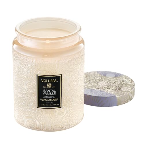 Voluspa Santal Vanille Large Scented Candle Jar 18 Oz, 100 Hr Burn | Coconut Wax Blend in Decorative Glass, Clean Even Burn, USA Handcrafted Gift for Hosts, Fragrance Lovers & Relaxed Rooms - color: 2 - Santal Vanille