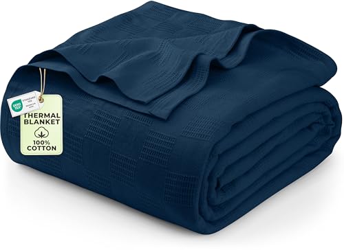 Utopia Bedding 100% Cotton Thermal Blanket Navy Twin, 90x72 Inches | Lightweight Breathable Cozy Spring Summer Blanket Home Decor Gift - color: Navy, size: Twin