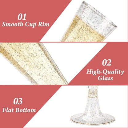 GuanQiao 100 Pack Plastic Champagne Flutes, 5.5 OZ Disposable Plastic Champagne Glasses with Gold Glitter, Wine Glasses Cups for Wedding Celebration Party Wine Tasting New Years Eve Supplies - color: Gold Glitter, size: 100-Pack