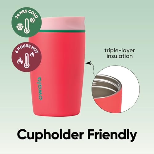 Owala SmoothSip Slider Insulated Stainless Steel Coffee Tumbler, Reusable Iced Coffee Cup, Hot Coffee Travel Mug, BPA Free 12 oz, Pink/Red (Strawberry Fields) - color: Strawberry Fields, size: 12 Ounces, style: No Handle