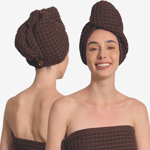 Luxury Organic Japanese Cotton Hair Drying Waffle Towel Wrap for Women | Absorbent, Quick-Dry Head Turban for Shower, Sauna, Spa | Extra Large for Long, Curly, Straight Hair With Button (Brown, 2 Pc) - color: Dark Cocoa, style: Hair Towel