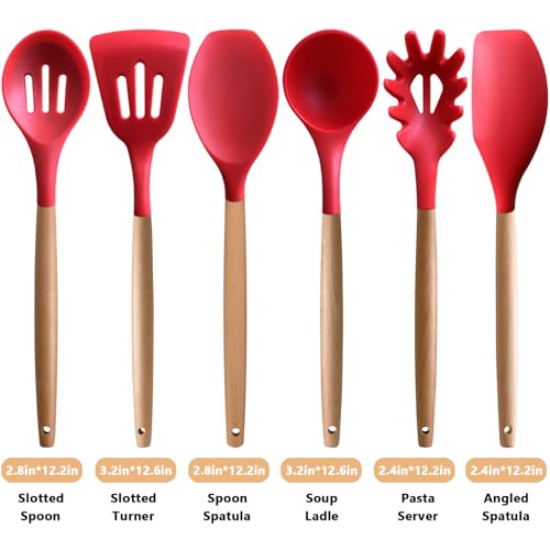 Kitchen Cooking Utensils Set 6Pcs Heat Resistant Silicone Kitchen Utensils Spatula Spoon Turner Ladle w Wooden Handle, BPA FREE Silicone Cooking Tool Gadget Set for Nonstick Cookware & Baking - color: Red, size: Standard 6-Piece Set