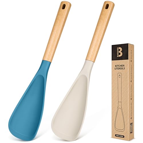 Cooking Spoon for Nonstick Cookwares, Great for Cooking and Serving Sturdy BPA-Free Matte Silicone, Wood Handle Spoon for Mixing, Scoop, and Scrape (Khaki & Turquoise, 13.4 inch) - color: Khaki & Turquoise, size: 13.4 inch