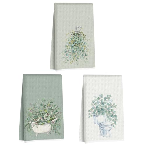 3 Pcs Eucalyptus Hand Towels 24x14 Inch, Botanical Reusable Dish Towels | Waffle Weave Hand Cloth Tea Towel for Kitchen Farmhouse Decor, Green Leaves Gifts for Women Friend - color: Multi 1716