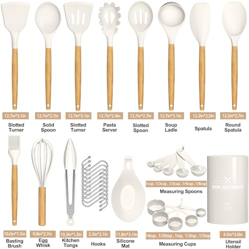 Umite Chef Kitchen Cooking Utensils Set, 33 pcs Non-stick Silicone Cooking Kitchen Utensils Spatula Set with Holder, Wooden Handle Silicone Kitchen Gadgets Utensil Set (Cream White) - color: Cream White