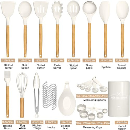 Umite Chef Kitchen Cooking Utensils Set, 33 pcs Non-stick Silicone Cooking Kitchen Utensils Spatula Set with Holder, Wooden Handle Silicone Kitchen Gadgets Utensil Set (Cream White) - color: Cream White