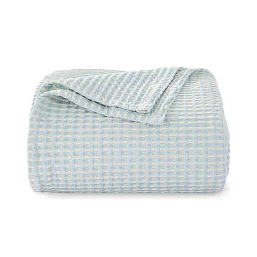 EGOHOME Cotton Two-Tone Check Pattern Waffle Blanket Queen Size | Light Blue/White, 90"x90", Lightweight, Soft & Breathable for Bed, Couch, Sofa, All Seasons - color: Blue/White, size: Queen