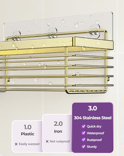 ODesign Shower Caddy Adhesive 3 Pack Stainless Steel Storage Shelves-Golden | No drilling wall mounted,rust-resistant,large capacity,quick drainage,easy to clean,suitable for bathrooms and kitchens - color: Golden