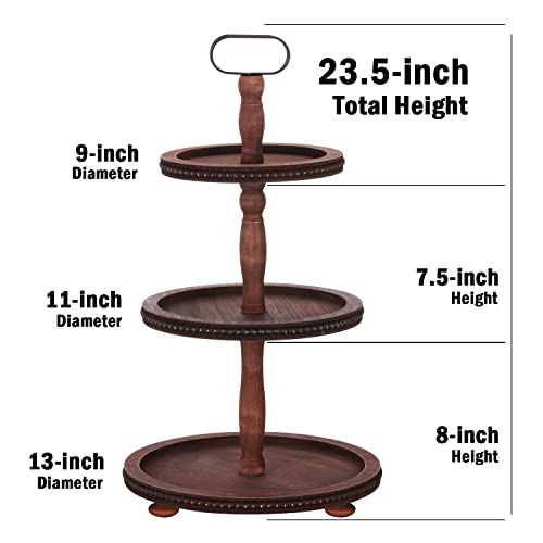Urban Deco Wooden Tiered Tray 3-Tier Decorative Tray Stand Farmhouse Serving Tray, Round Wooden Cupcake Display Stand with Metal Handle, Brown Tiered Fruits Tray for Home Party Decorations - style: 3 tier-brown