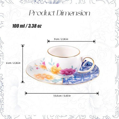 KAMMAK Tea Cups and Saucers Set of 2, Fine Bone China Coffee Cups, GH015 | Stackable Espresso Mugs, Ceramic Demitasse for Coffee, Cappuccino, Latte, Americano, Tea - size: 8KPGH015