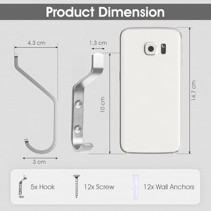 GlazieVault Coat Hooks – Door Hook (5 Pack) - Heavy Duty Wall Mounted - Premium Design Rust Free Hooks - style: Flat Hooks Silver P-05