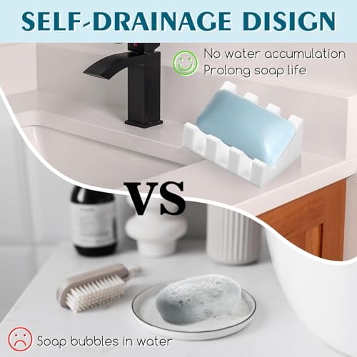 Silicone Soap Dish Self Draining with Suction Cups (White, 2 Pack) | Waterfall drainage design drains fast to keep soap dry silicone soap saver with reusable suction cups for bathroom & kitchen - color: White, size: 2