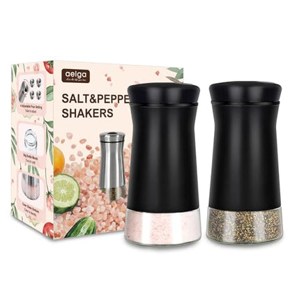 Black Salt and Pepper Shakers with Adjustable Pour Holes, Farmhouse Glass Salt Shaker with Stainless Steel Lids, Refillable Shaker by Aelga, Ideal for Himalayan, Kosher and Black Pepper - color: Black