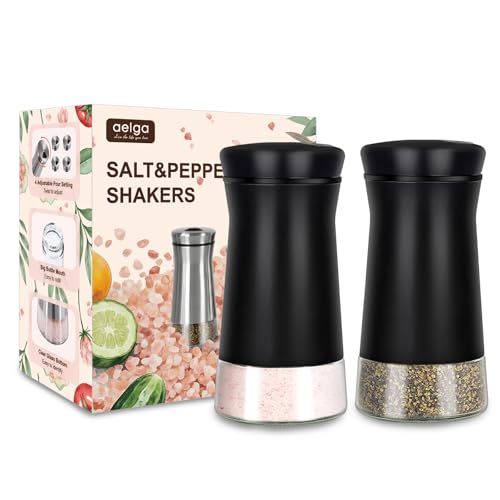 Black Salt and Pepper Shakers with Adjustable Pour Holes, Farmhouse Glass Salt Shaker with Stainless Steel Lids, Refillable Shaker by Aelga, Ideal for Himalayan, Kosher and Black Pepper - color: Black
