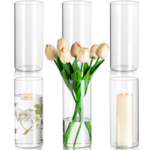 Glasseam Cylinder Vases for Centerpieces, 6Pcs Clear Glass Vase for Flowers | Hurricane Pillar, Floating Candle Holder, Modern, Small Home Decorations, Table Centerpieces, Wedding, Party, 8In - size: 8In
