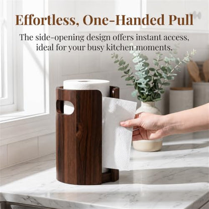 Wooden Paper Towel Holder Countertop, Weighted Base Acacia Wooden Kitchen roll rack with splash guard, and non-slip design, One-Hand Tear Design, Farmhouse Paper Towel Stand for Kitchen, Apartment, RV