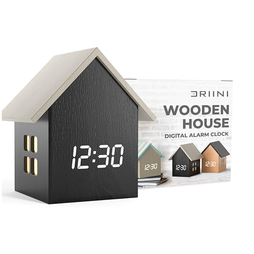 Driini Digital House Shaped Alarm Clock with Temperature Display (Dark Wood) – Modern Aesthetic with Cute Cube Frame and White LED Dimmer - Perfect Large Desk Clock for Bedside Table or Bedroom Mantle - color: Dark Wood; White Roof, size: Large