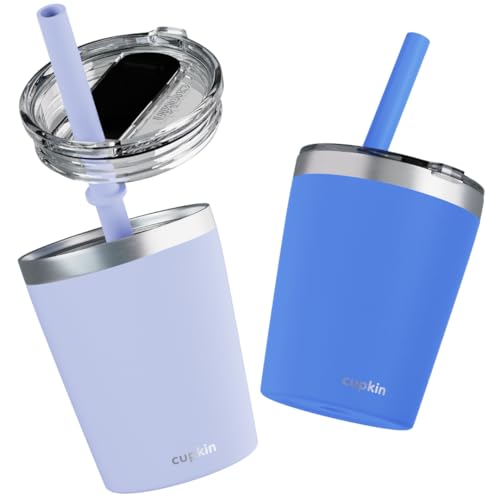 CUPKIN Kids Cup, The Original 8 oz Stackable Stainless Steel Kid Cups, Set of 2 Powder Coated Insulated Sippy Cup for 1+ Year Old Toddlers & BPA Free Lids & Reusable Silicone Straws (Blue + Gray) - color: Blue + Gray, size: 8 Fl Oz (Pack of 2)