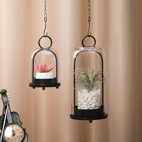 5" & 4" Wide Versatile Metal Candle Holder in Black with Handmade Thick, Heavy & Sturdy Glass Dome for Pillar Candle, Industrial, Modern, Shelf, Mantel, Veranda, Porch (Black, Large & Small) - color: Black