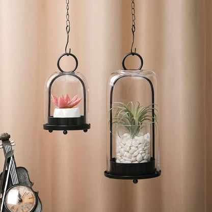 5" & 4" Wide Versatile Metal Candle Holder in Black with Handmade Thick, Heavy & Sturdy Glass Dome for Pillar Candle, Industrial, Modern, Shelf, Mantel, Veranda, Porch (Black, Large & Small) - color: Black