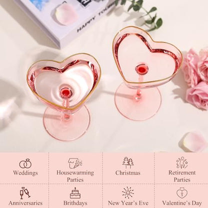 Pink Coupe Glasses Set of 2, Heart-Shaped Martini Glasses with Golden Rim, Fancy Manhattan, Cosmopolitan, Sidecar Cocktail Glassware for Wedding, Mothers Day, Birthdays, Anniversary- 8oz - size: 2 Count(Pack of 1)