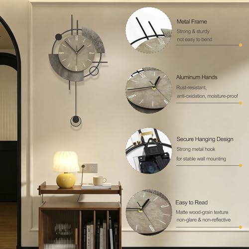 Large Modern Wall Clock with Pendulum for Living Room Decor | Kitchen Analog Wall Clock Decoration, Silent Battery Operated Non-Ticking for Bedroom Office Classroom Indoor 13.3*25.5 inch