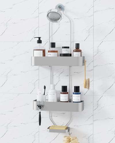 Kitsure Shower Caddy Hanging, No-Drill Bathroom Shelves, Silver, 28.5" H | Bathroom Organizers and Storage, Wobble-Free Shower Organizer with Adhesive Tapes, Rust-Proof Shower Storage for Toiletries