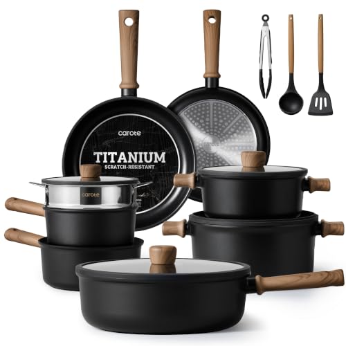 CAROTE 15pcs Cookware Set Nonstick pots and pans set black | Titanium Reinforced Coating, Scratch-Resistant, Easy to Clean, Even Heating, Induction Compatible, with Frying Pans Set - color: Black, size: 15 Piece