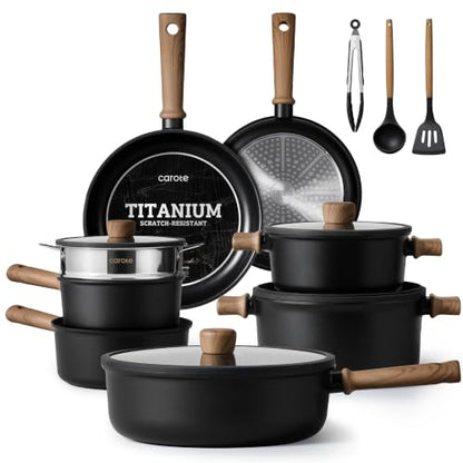 CAROTE 15pcs Cookware Set Nonstick pots and pans set black | Titanium Reinforced Coating, Scratch-Resistant, Easy to Clean, Even Heating, Induction Compatible, with Frying Pans Set - color: Black, size: 15 Piece