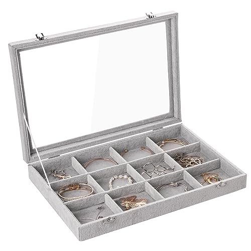 12 Grid Bracelet Holder Box,Velvet Jewelry Tray with Clear Lid | Real Glass Lid,Bracelet Display,Jewelry Organizer for Bangle Brooch,Adjustable Divider,Dustproof Design,13.8×9.5Inches - color: Grey, size: 12 Grid
