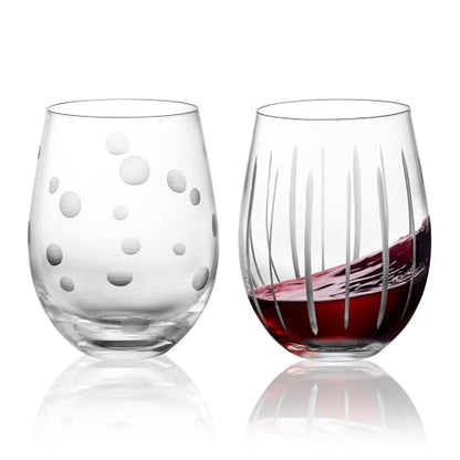Joeyan Hand Blown Etched Stemless Wine Glasses for Red Wine,Large Carved Drinking Glass Cups Tumblers with Dots Strips Pattern for Wedding Anniversary Party Home,Set of 2, 17.5 oz, Dishwasher Safe - color: Etched Dots Stripes Patterned