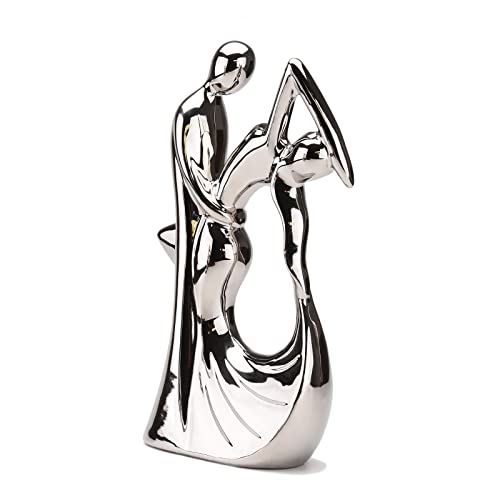 Romantic Couple Dancing Sculpture, Silver Electroplated Ceramic, 11in(H) | Abstract Modern Statue, Smooth Finish, Home Shelf Desk Decoration, Wedding Gift, Collectible Figurine