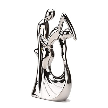 Romantic Couple Dancing Sculpture, Silver Electroplated Ceramic, 11in(H) | Abstract Modern Statue, Smooth Finish, Home Shelf Desk Decoration, Wedding Gift, Collectible Figurine
