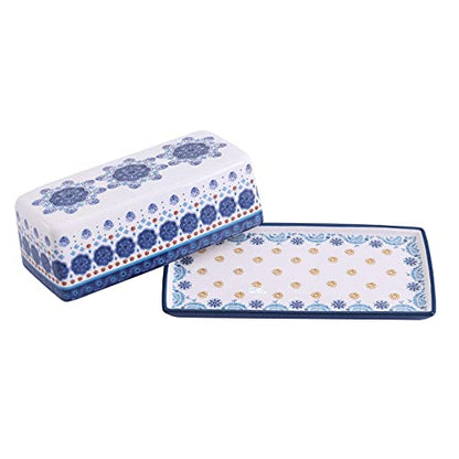 Bico Blue Talavera Ceramic Butter Dish with Lid, Wide Butter Keeper for Counter, Kitchen Countertop, Microwave and Dishwasher Safe - color: Blue Talavera