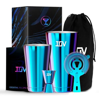 IOV Boston Cocktail Shaker Bar Set, Bartender Kit Drink Mixer Set with 18 oz & 28 oz Boston Shakers, Hawthorne Strainer, Double Jigger, Bar Tool Kit and Recipe Booklet - Rainbow - color: 3 Pcs - Rainbow