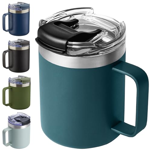 12oz Insulated Travel Coffee Mug with Handle, Ocean Teal | Stainless Steel Coffee Tumbler with Lid, Double Wall Vacuum Thermal Cup for Camping - color: Ocean Teal, size: 1 Count (Pack of 1)