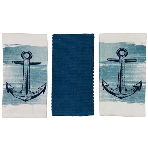 Nautical Coastal Kitchen Towels: Ocean Navy Anchor Print Design,100% Cotton, 16 x 26, Set of 3, Multipurpose Towels for Everyday Use - color: Coastal Anchor 2