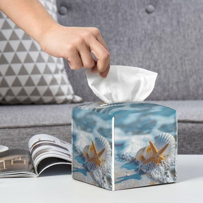 Shells Starfish on Beach Tissue Box Cover Square,Summer Ocean Shells Starfish Tissue Box Holder Waterproof Leather Facial Paper Organizer Dispenser for Bathroom Home Car Nightstand Vanity Desk - color: Color-14